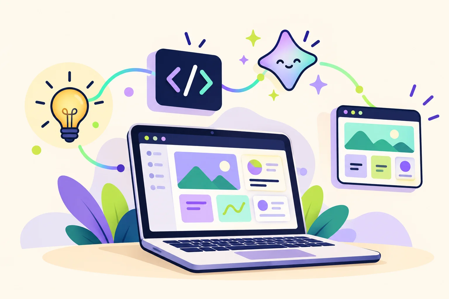 Illustrated laptop turning ideas and AI-assisted code into a colourful web app
